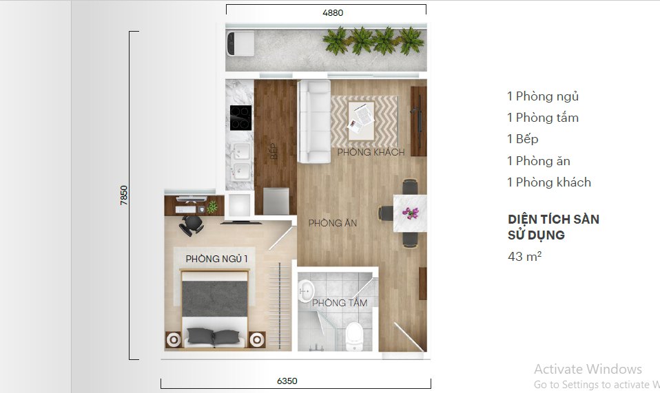 Layout căn 1 phòng ngủ 43 mét vuông Central Residence