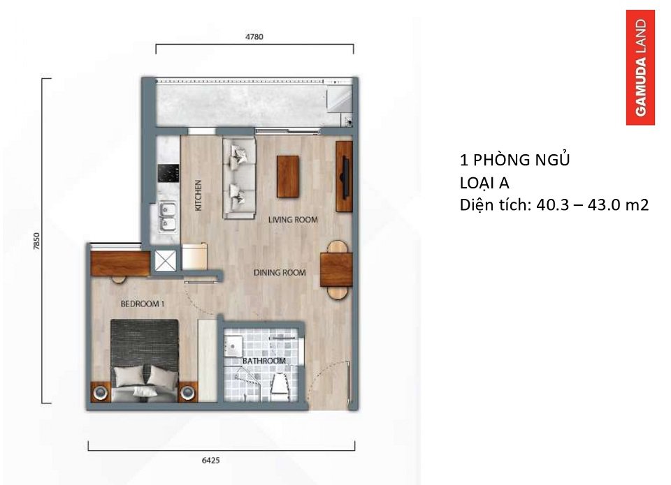 Layout căn 1 phòng ngủ loại A Central Residence từ 40,3 đến 43 mét vuông