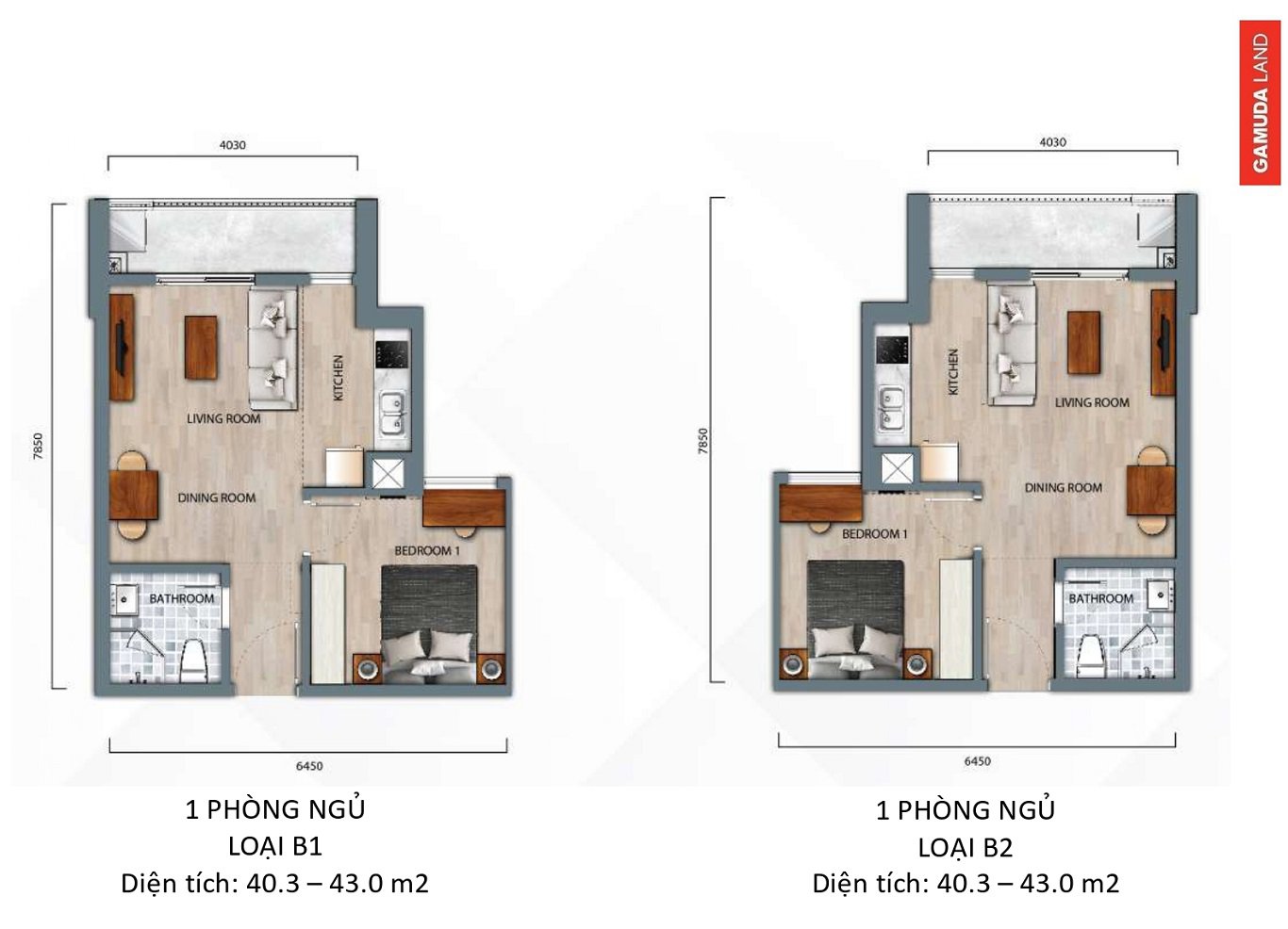 Layout căn 1 phòng ngủ loại B1 và B2 Central Residence