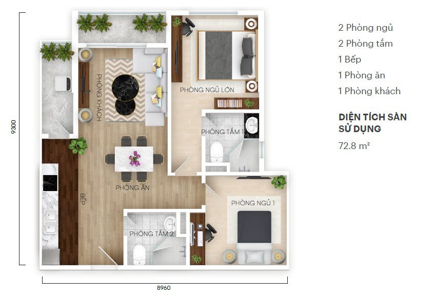 Layout căn 2 phòng ngủ 72,8 mét vuông Central Residence
