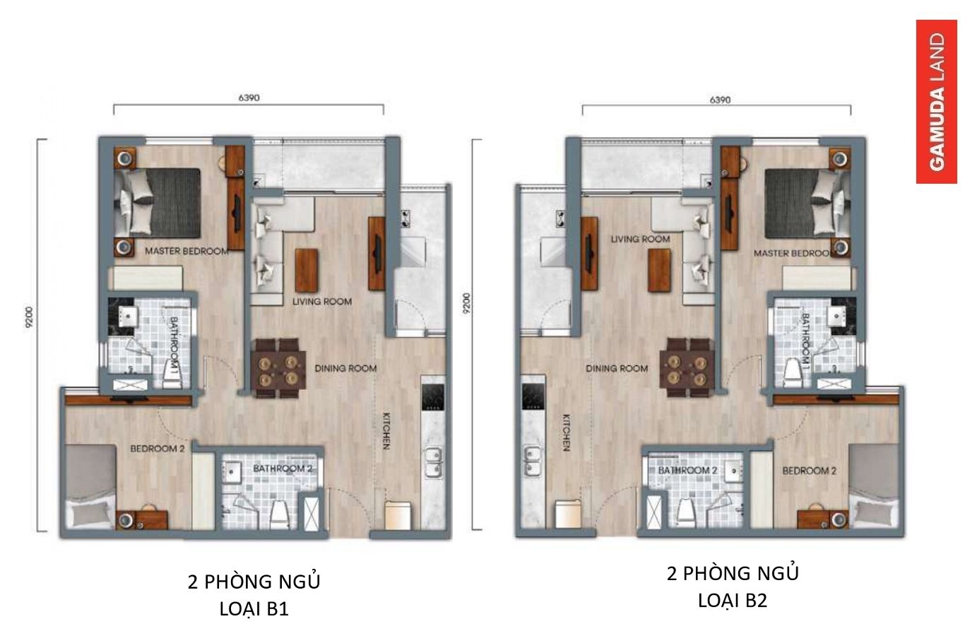 Layout căn 2 phòng ngủ loại B1 và B2 Central Residence