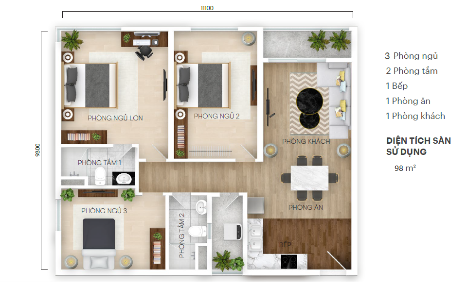 Layout căn 3 phòng ngủ 98 mét vuông Central Residence