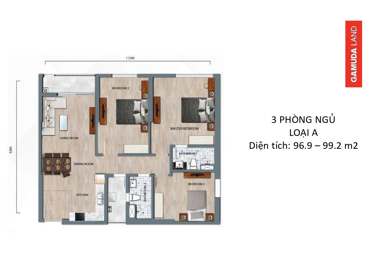 Layout căn 3 phòng ngủ loại A Central Residence từ 96,9 đến 99,2 mét vuông